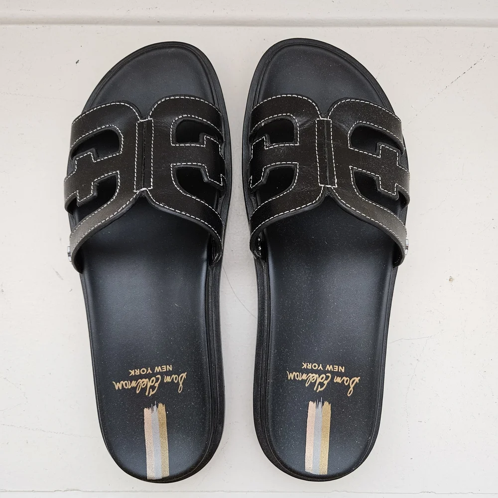 Sam Edelman Black Leather Slide Sandals with Contrast Stitching - Picture 1 of 3